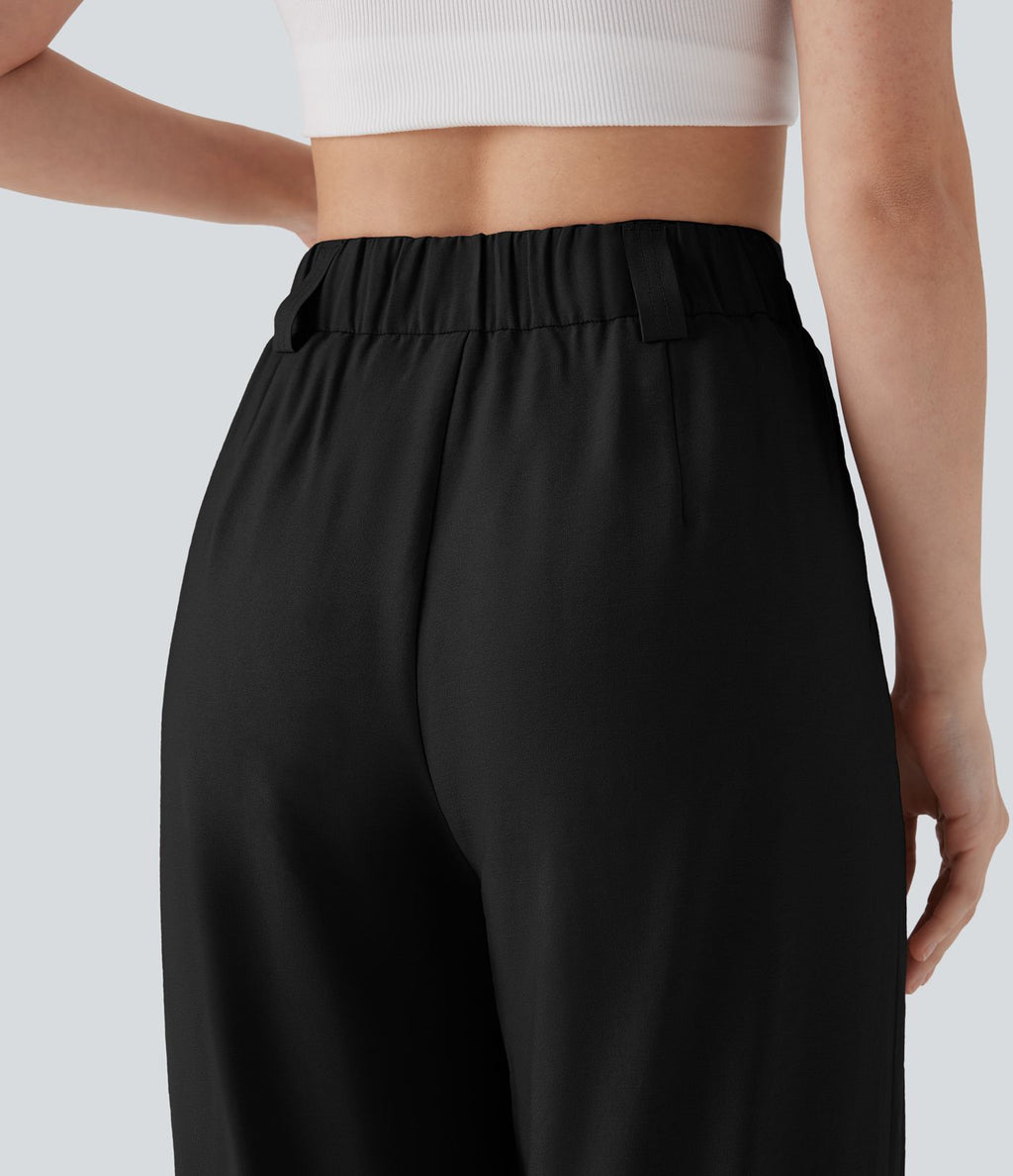 Pantalon large fluide effet lin taille moyenne avec poches