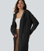Gilet long casual à capuche manches longues avec poches
