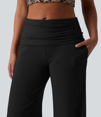 Pantalon ample décontracté en maille côtelée taille très haute rabattable avec poches