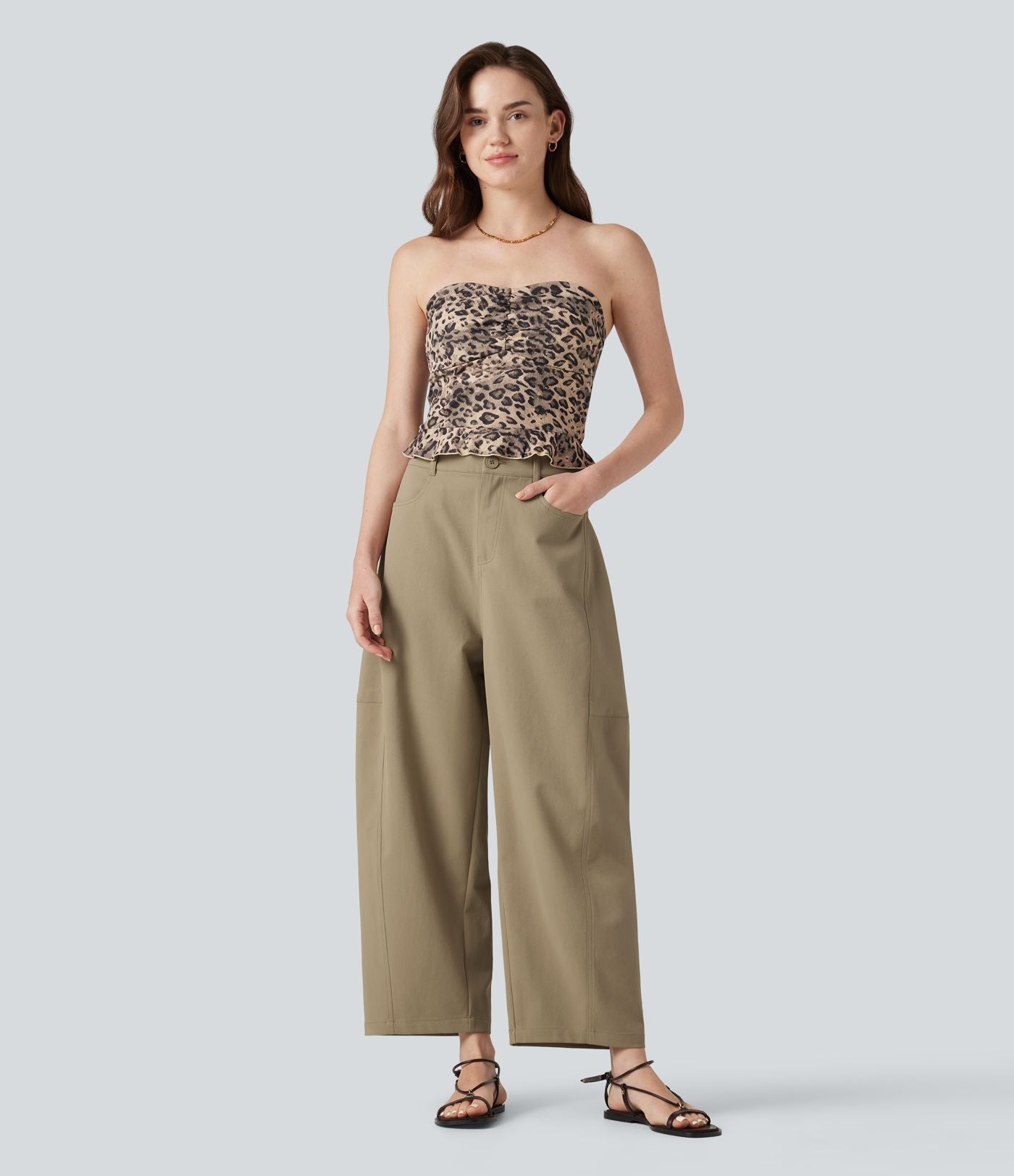 Pantalon décontracté coupe barrel taille haute avec poches