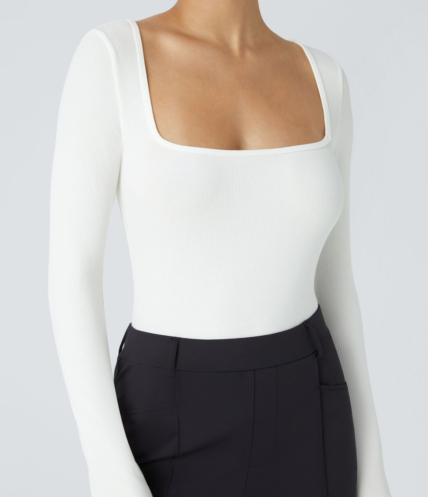 Bodysuit de Travail Tricot Côtelé Col Carré Manches Longues Boutonné Silhouette Élancée