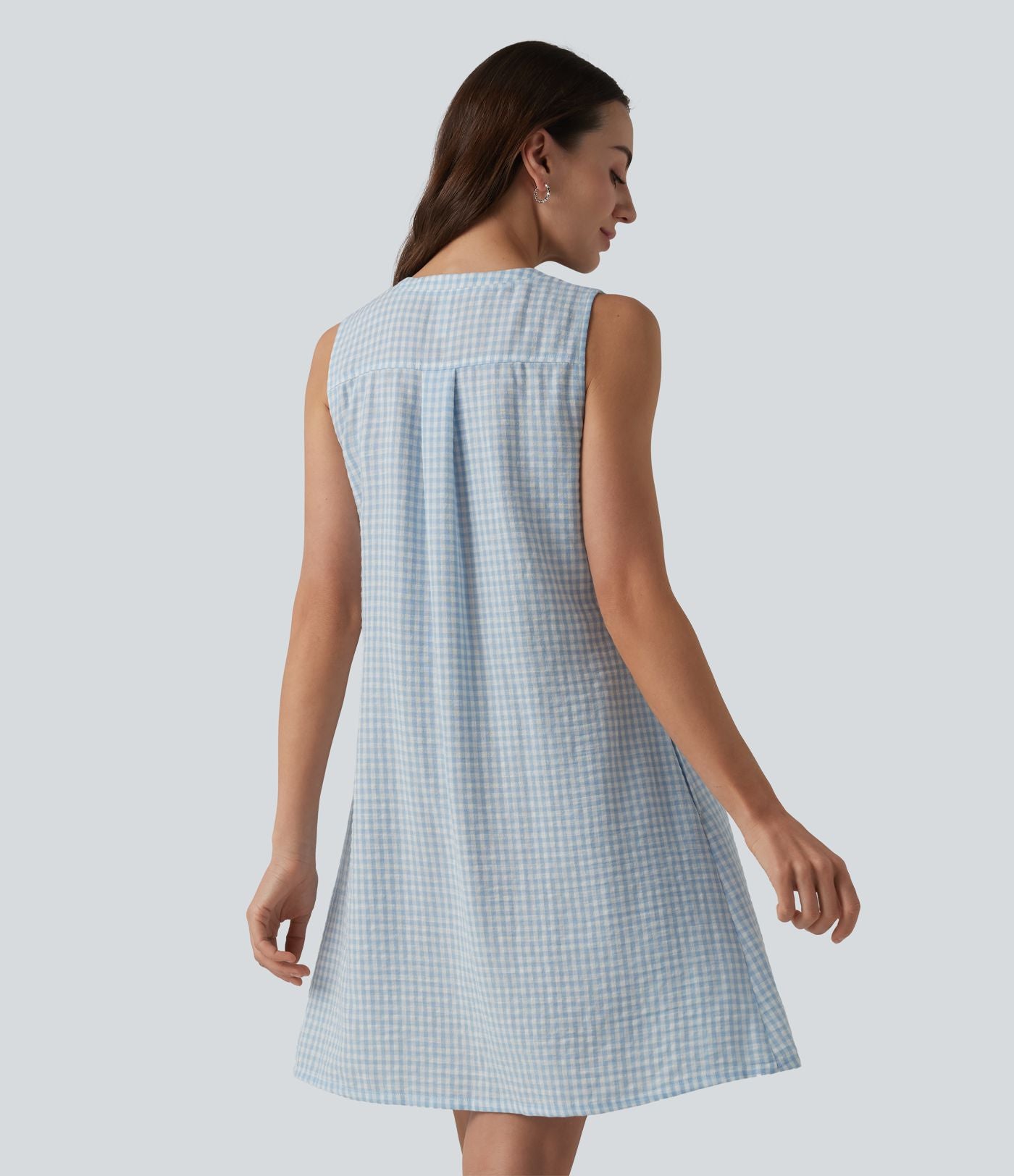 Robe courte sans manches col rond à carreaux aspect lin avec poches
