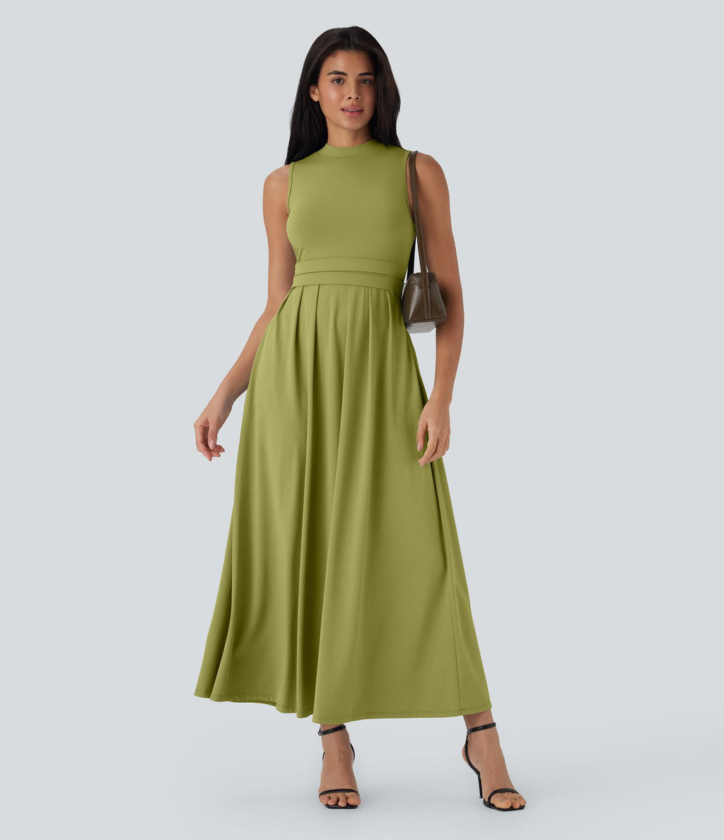 Robe longue décontractée sans manches à col montant, coupe évasée et poches latérales