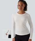 T-shirt décontracté maille côtelée semi-transparent col rond manches longues