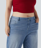 Jean décontracté grande taille Halara Flex™ taille basse large en maille extensible délavée avec multiples poches