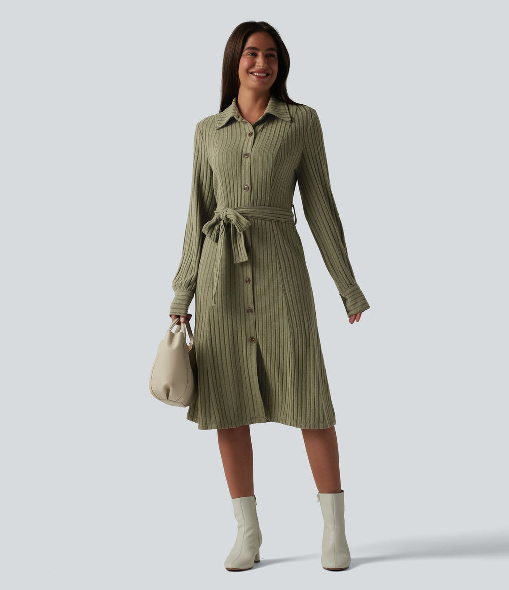 Robe de bureau mi-longue en maille côtelée à manches longues avec ceinture