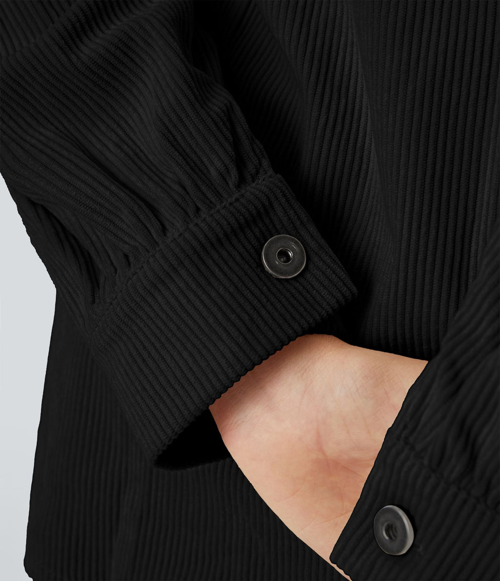 Veste Casual en Velours Côtelé à Col Boutonné Poches et Manches Longues Ourlet Courbé