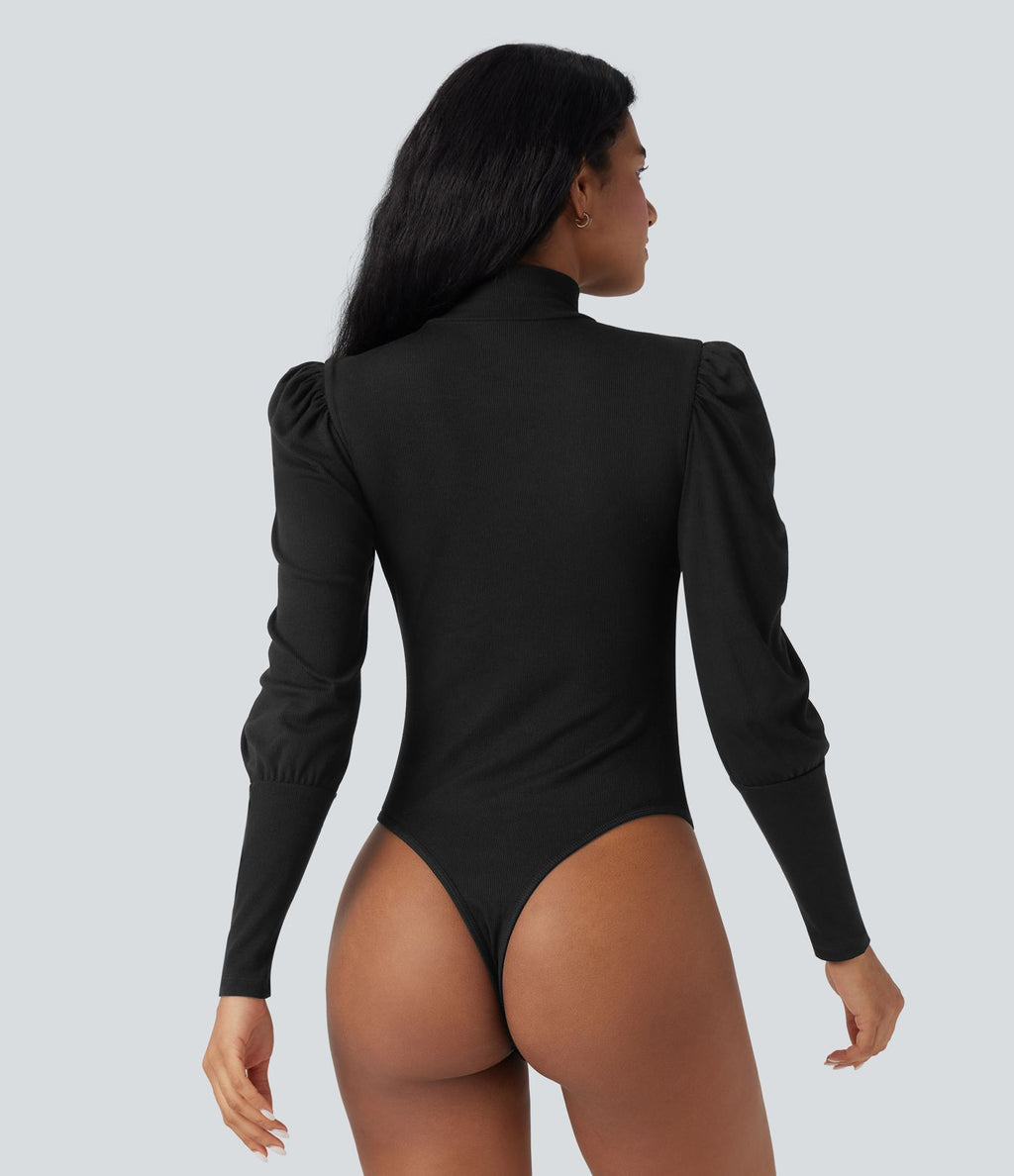 Body côtelé col montant manches bouffantes ajusté