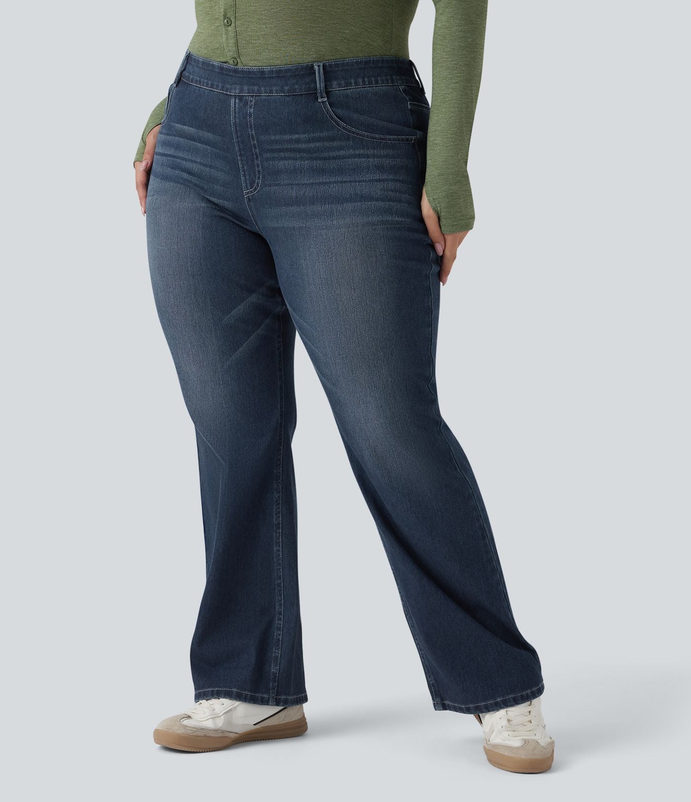 Jean décontracté grande taille évasé taille haute Halara Flex™ effet délavé avec multiples poches