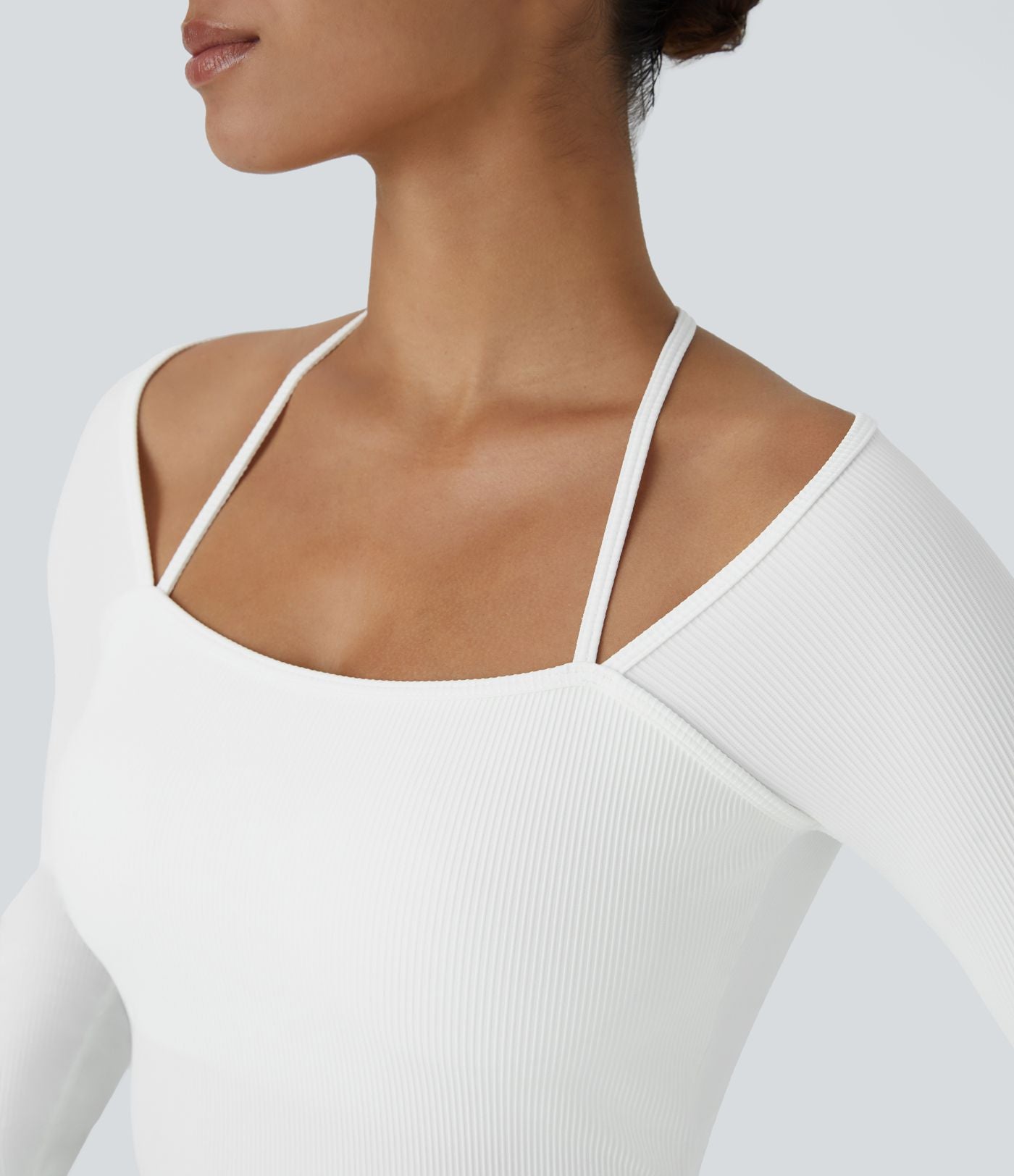 Top Sport Yoga Court à Bretelle Halter avec Trou pour le Pouce en Maille Côtelée