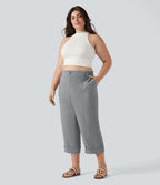 Pantalon de villégiature capri effet lin, grande taille, taille haute, avec poches