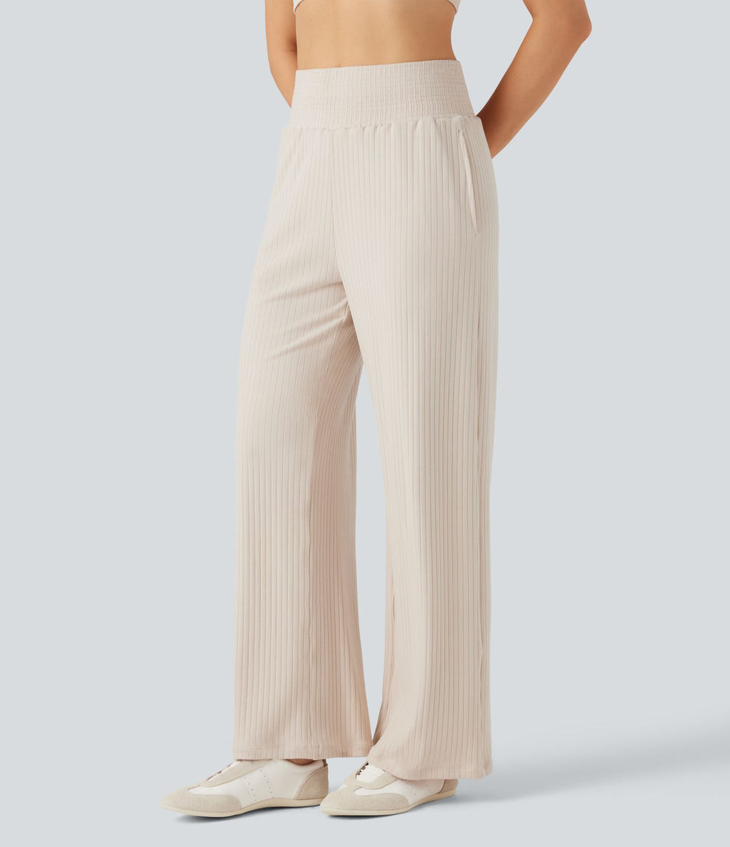 Pantalon décontracté maille côtelée taille haute avec poches