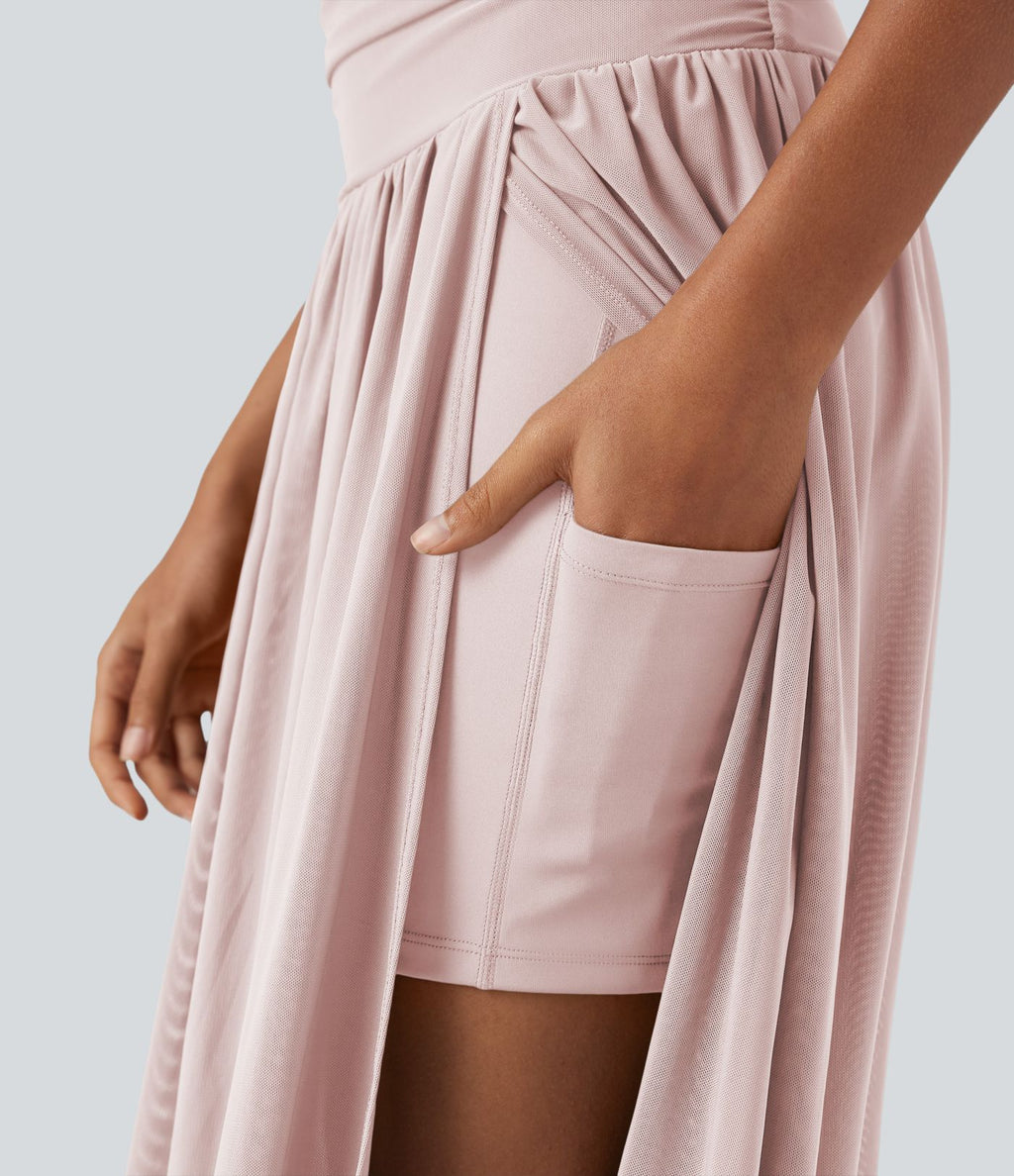 Jupe de danse mi-longue fluide 2-en-1 taille haute, fendue avec poche latérale