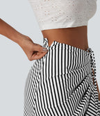 Jupe longue moulante taille mi-haute avec nœud devant et fronces imprimé floral/à rayures