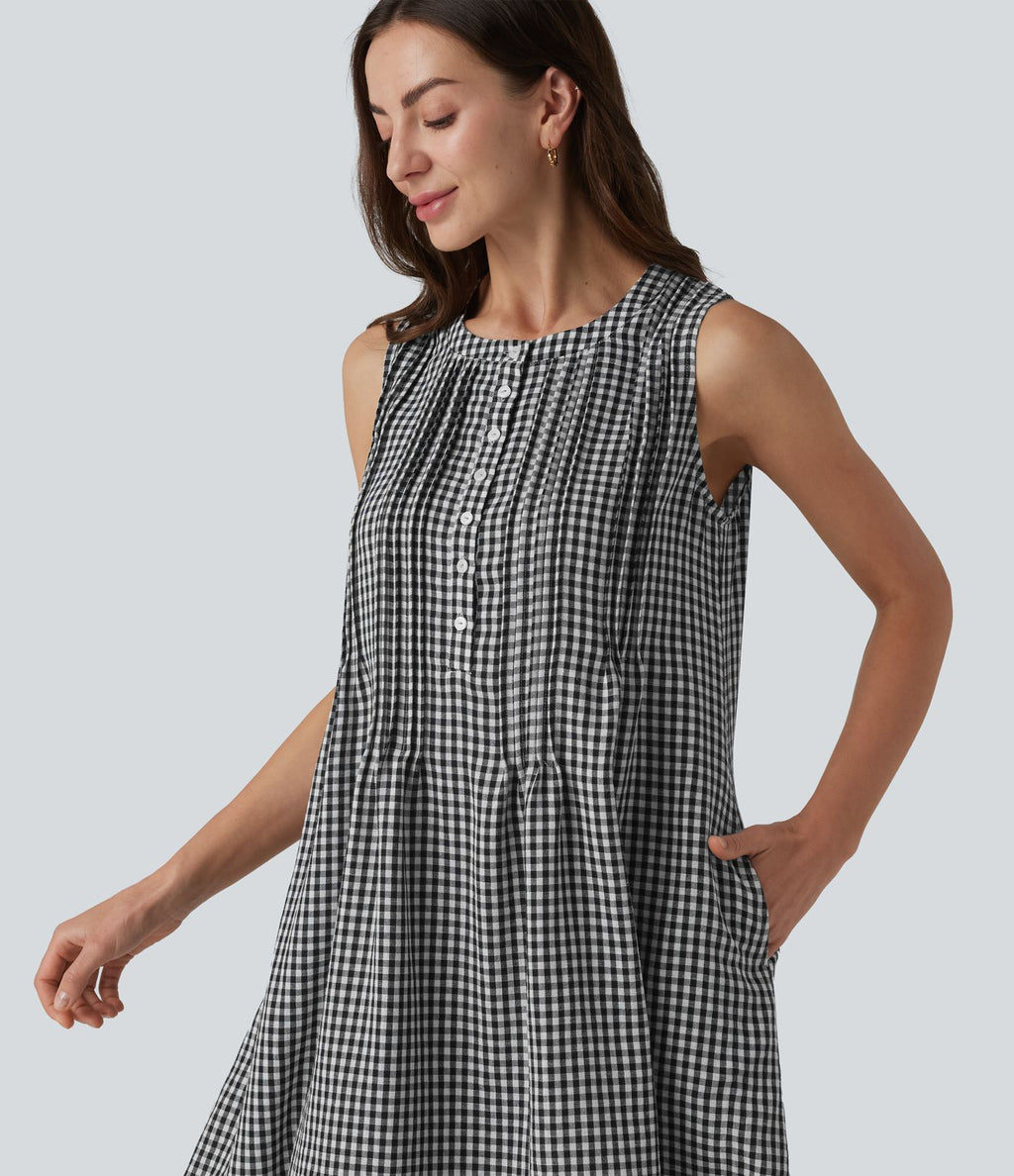 Robe courte sans manches col rond à carreaux aspect lin avec poches