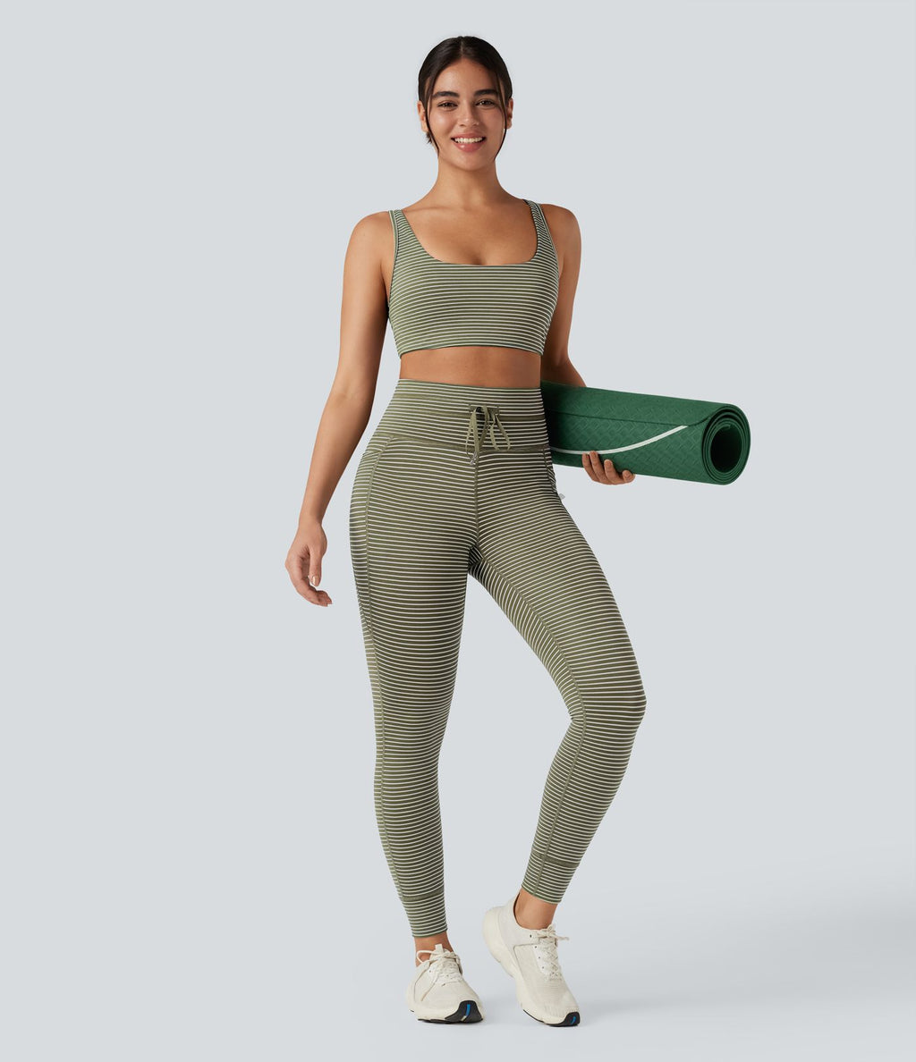 Legging de yoga rayé taille haute avec cordon de serrage et poches