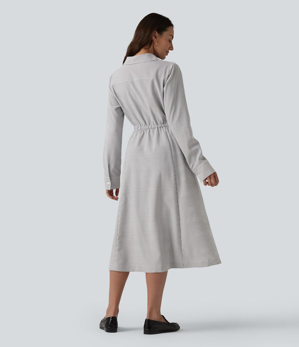 Robe chemise midi habillée à col, manches longues, lien à nouer devant et rayures