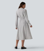 Robe chemise midi habillée à col, manches longues, lien à nouer devant et rayures