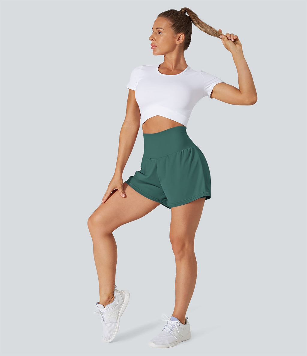 Short 7,5cm Yoga 2 en 1 Super Taille Haute Poches Arrière Poches Cachées Latérales