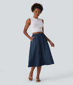 Pantalon fluide large taille mi-haute effet lin avec poche