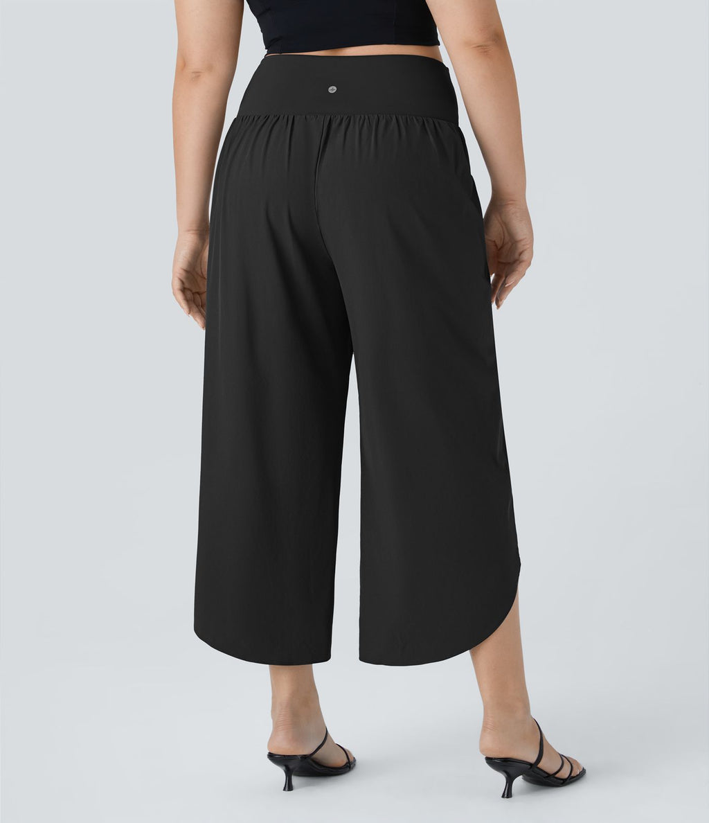 Breezeful™ Pantalon de Vacances Grande Taille Taille Haute avec Découpe Croisée Plissé Poche Latérale Fente et Séchage Rapide