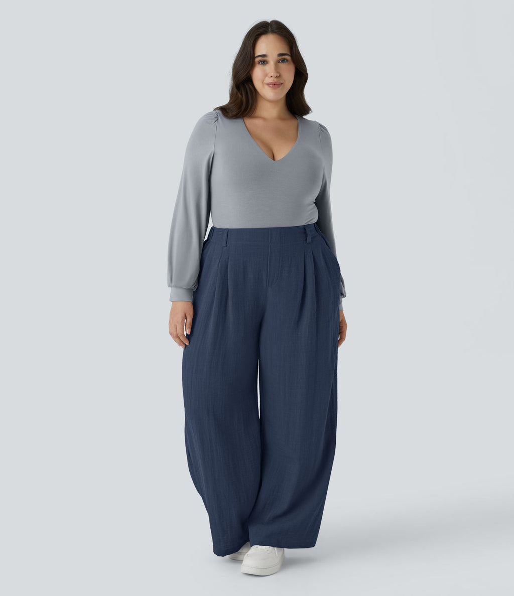 Pantalon décontracté palazzo large effet lin, taille haute, grande taille, avec poches