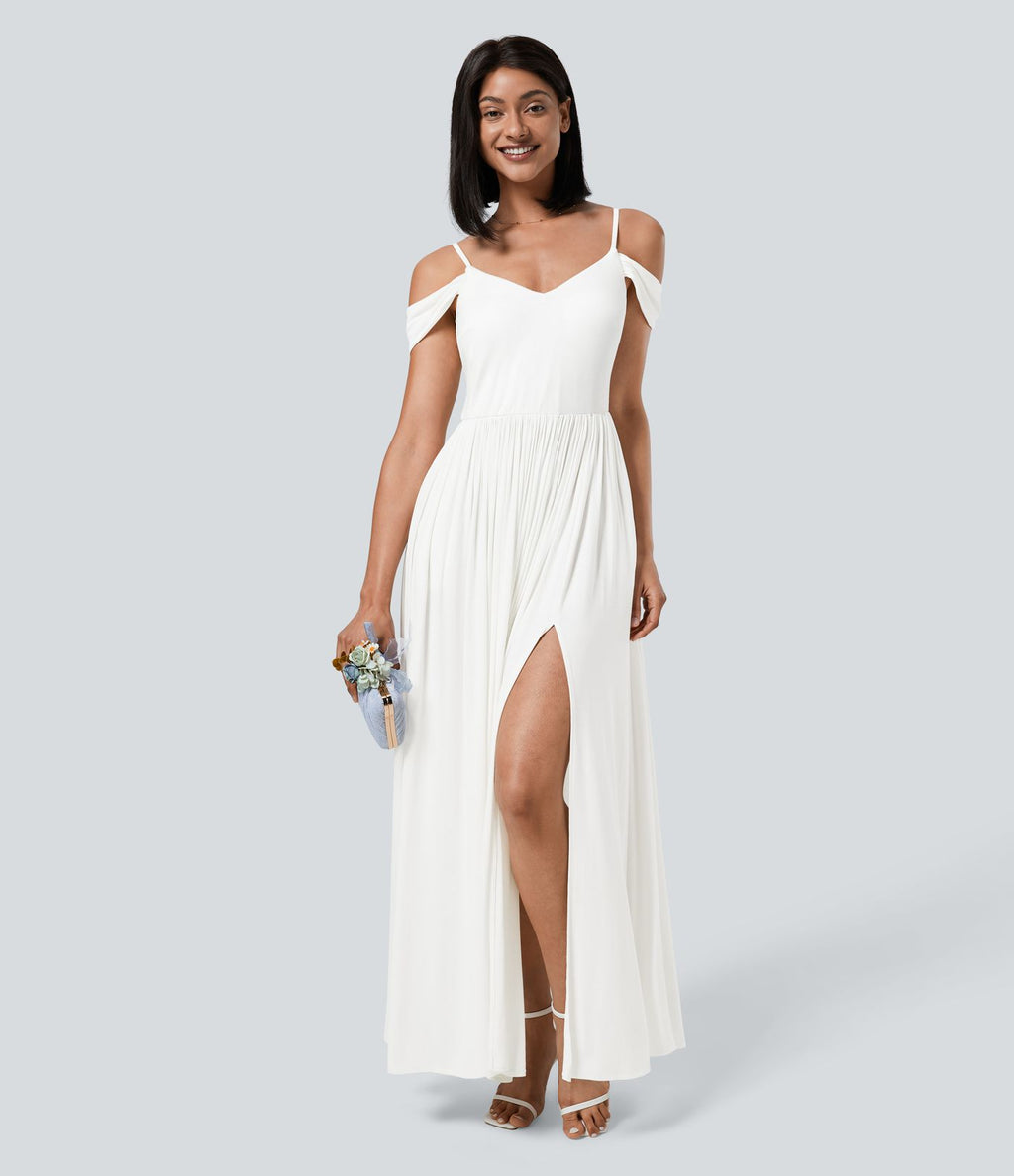 Robe Maxi Fluide Épaules Dénudées avec Poches Latérales Ourlet Fendu Tissu Côtelé Demoiselles d'Honneur et Invités de Mariage