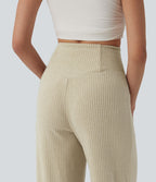 Pantalon droit décontracté côtelé croisé gainant taille haute avec poches