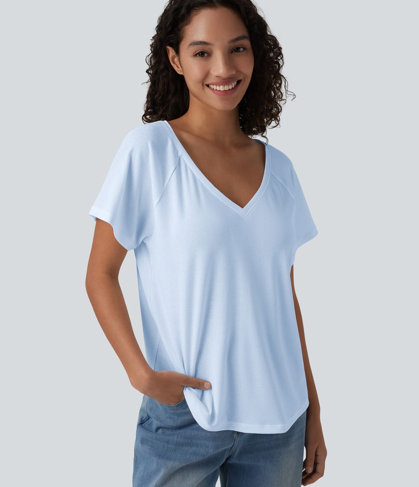 T-shirt casual col V manches raglan courtes coupe ample