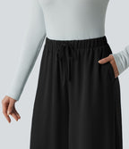 Pantalon large fluide décontracté taille haute effet lin avec cordon de serrage et poches