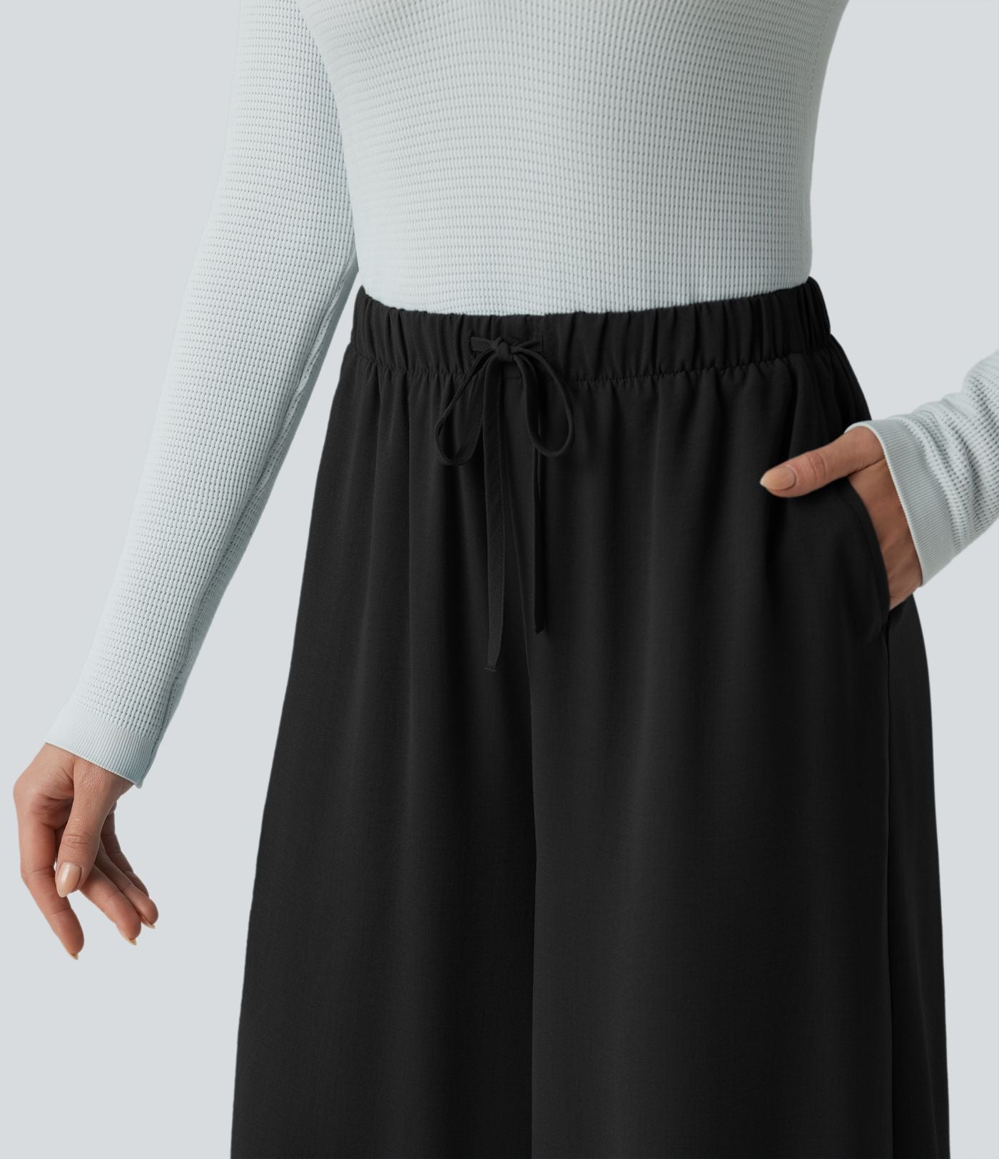Pantalon large fluide décontracté taille haute effet lin avec cordon de serrage et poches