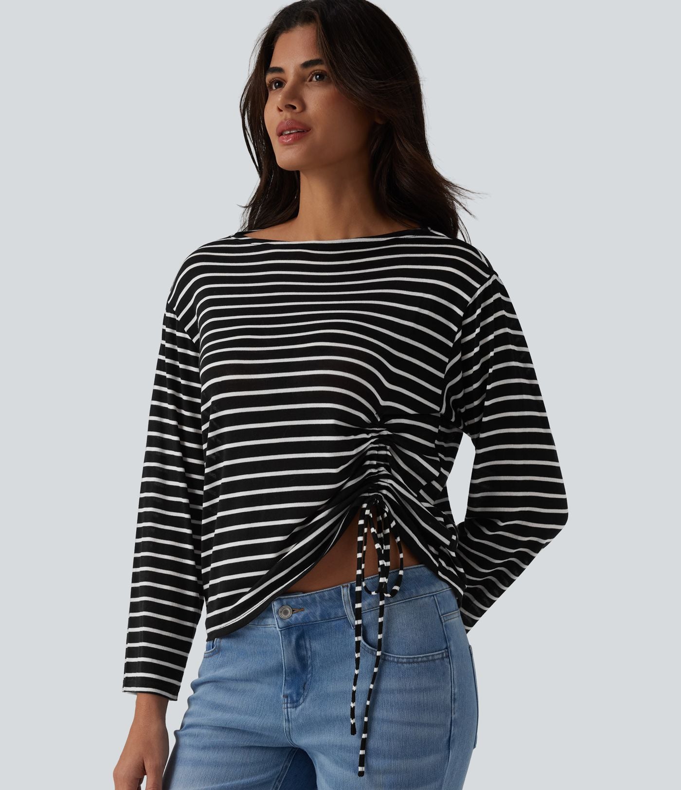 Top casual à rayures col bateau manches longues avec ourlet à cordon de serrage