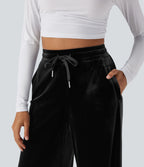 Pantalon décontracté large en velours, taille haute, avec cordon et poches