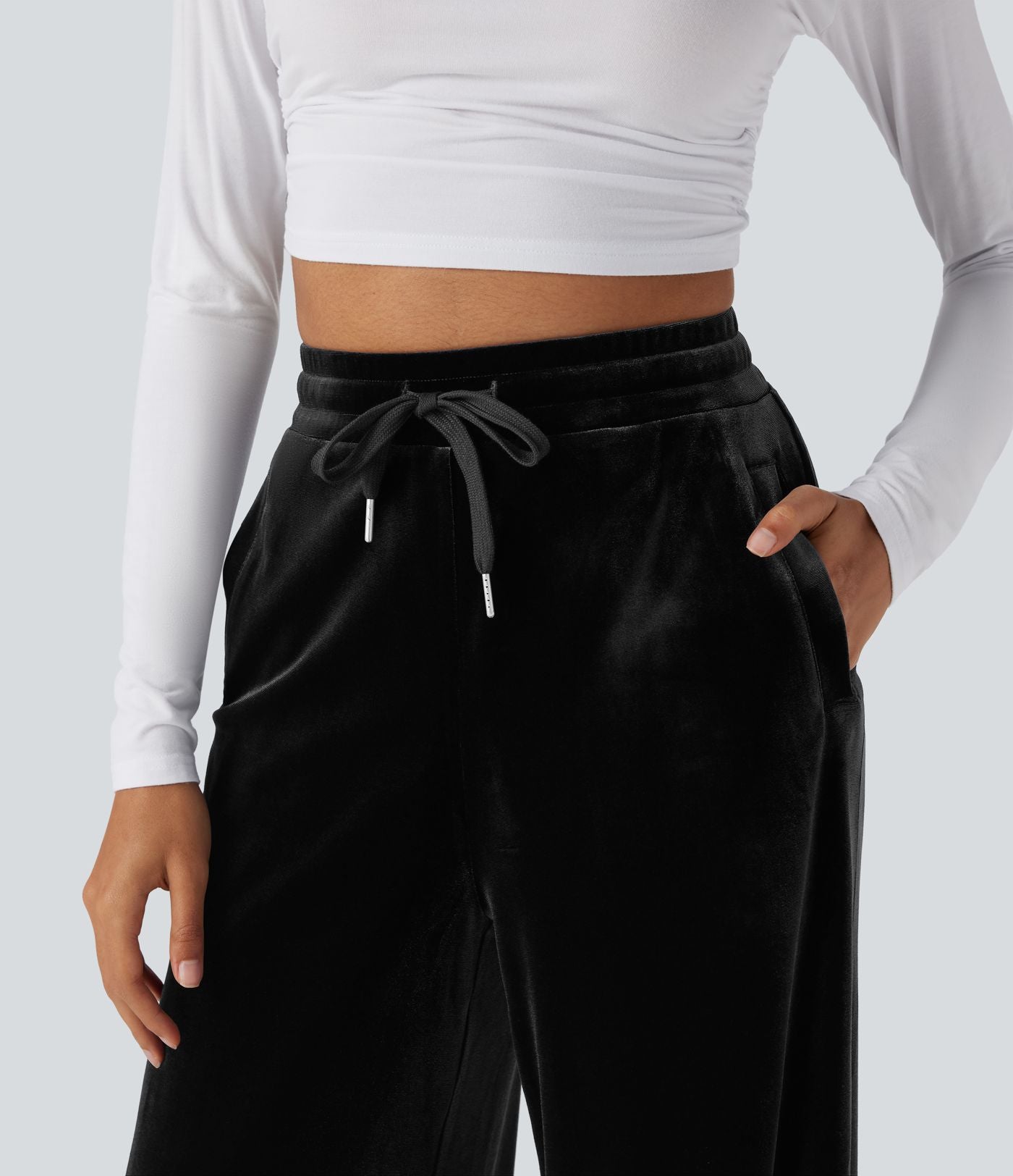 Pantalon décontracté large en velours, taille haute, avec cordon et poches