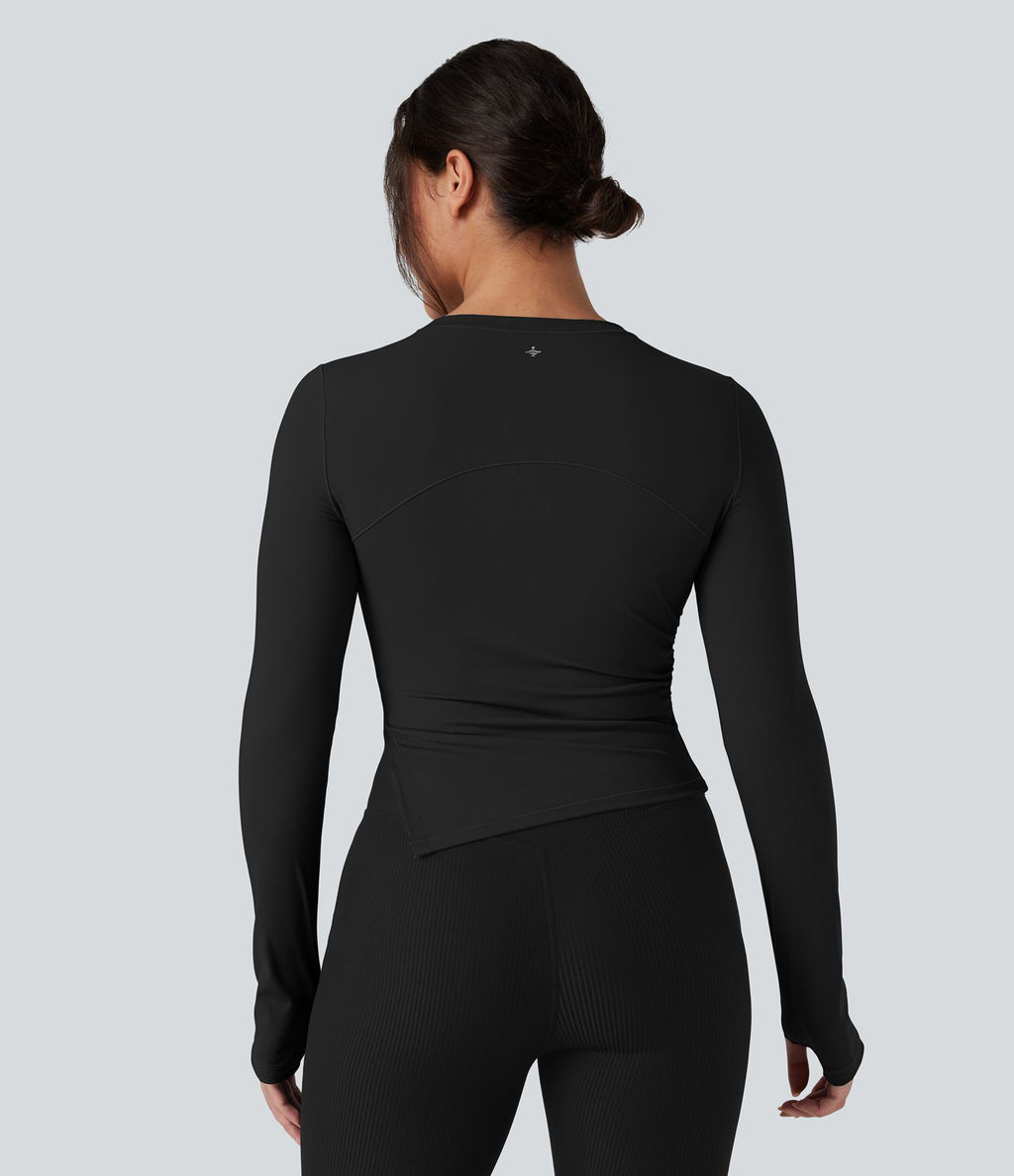 Top de sport yoga col rond ourlet asymétrique fendu manches longues avec trous pouces