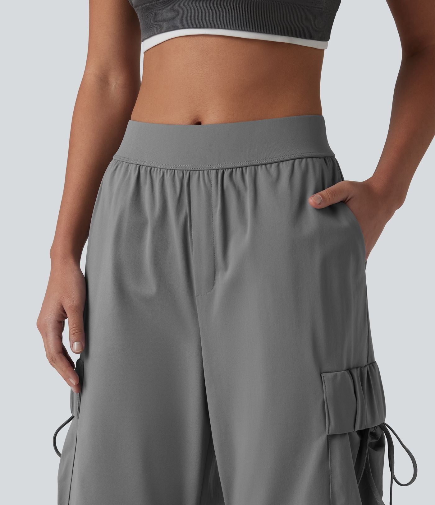Pantalon cargo bootcut de sport taille mi-haute avec fronces et liens et poches