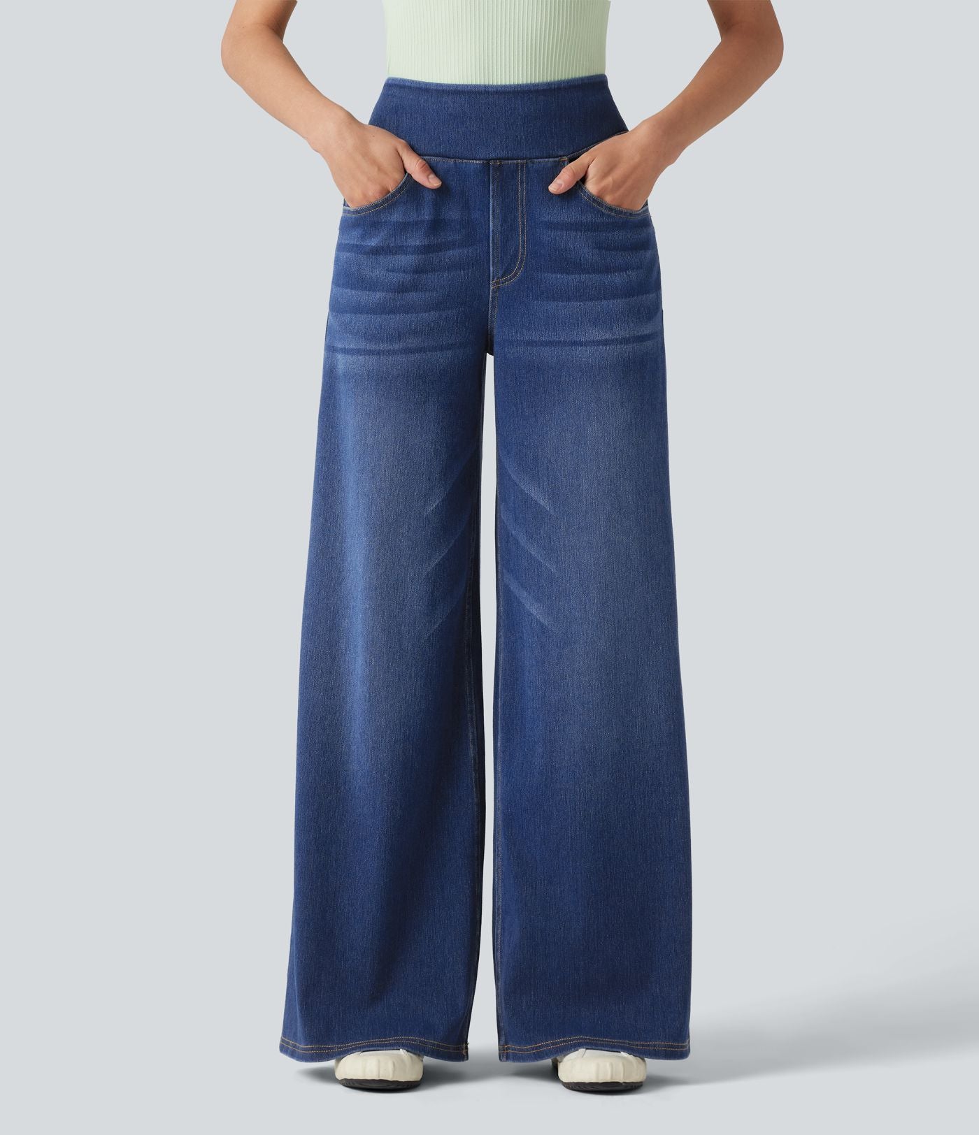 Jean décontracté Halara Flex™ large taille haute effet délavé avec poches