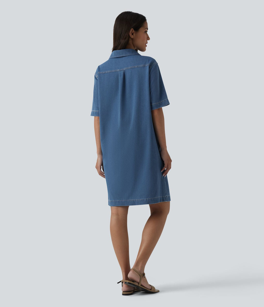 Halara Flex™ Robe courte en denim col classique manches courtes avec poches