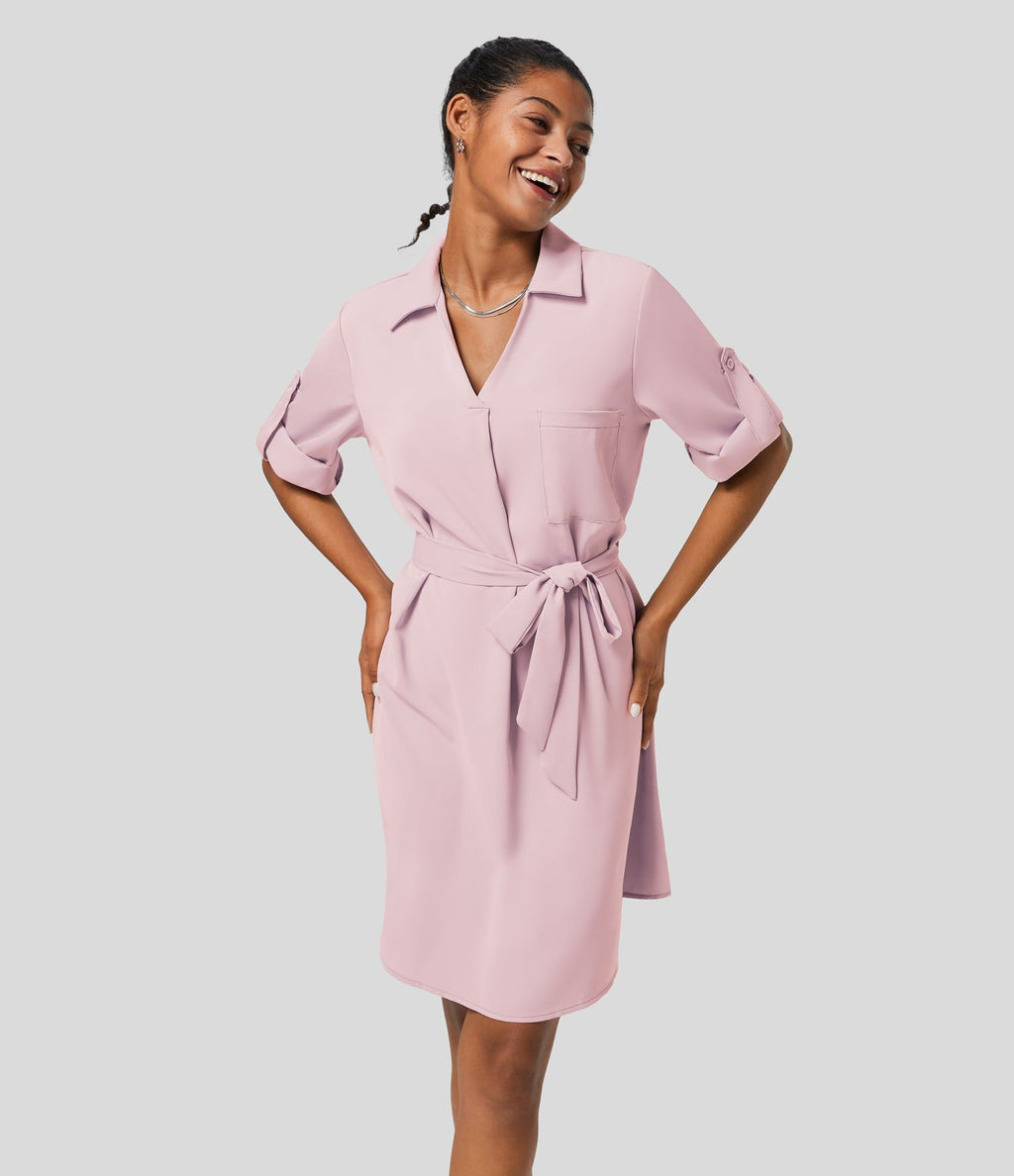 Robe-chemise décontractée à col, manches retroussables et ceinture