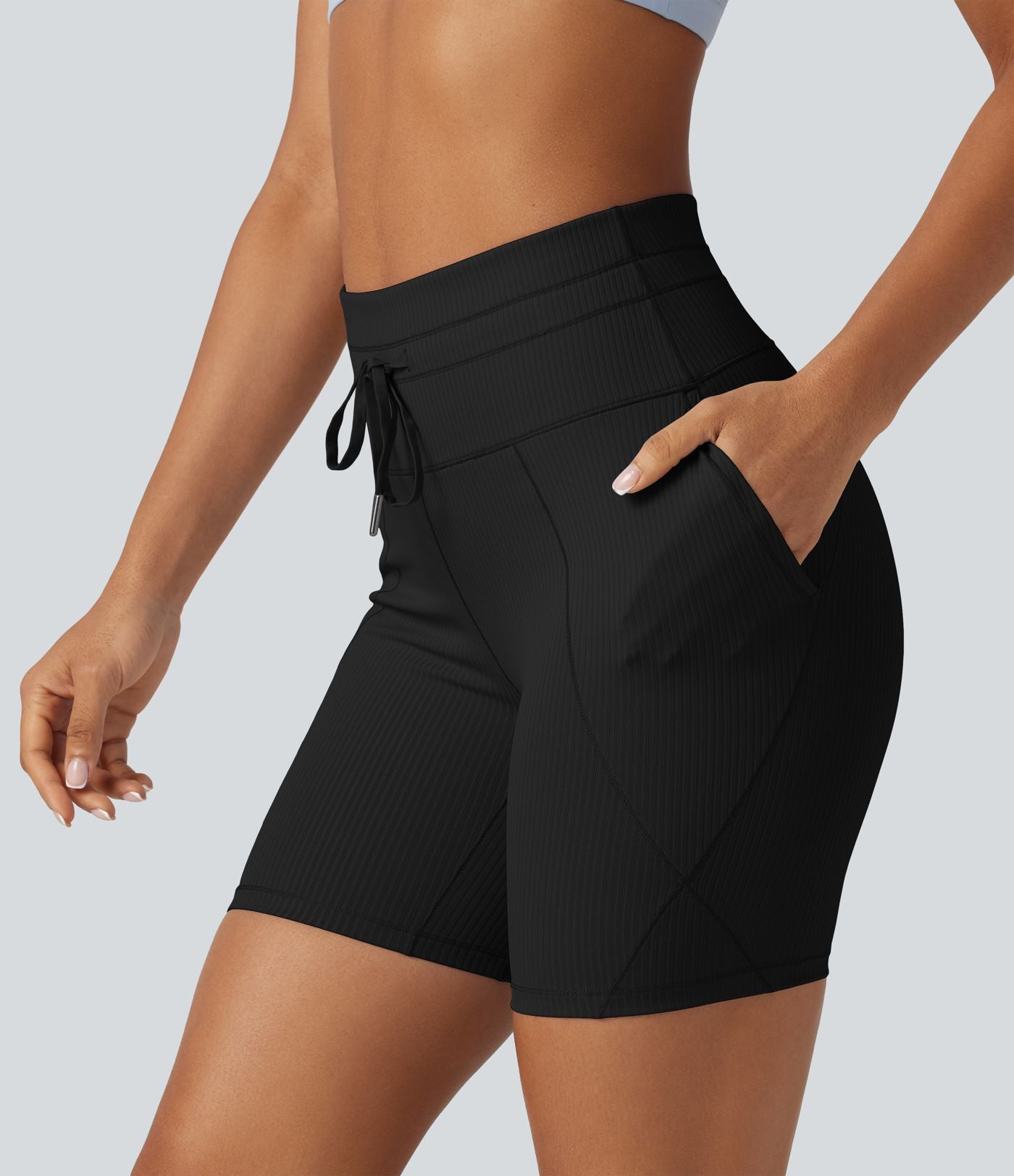 Short cycliste de yoga en maille côtelée taille haute avec cordon de serrage séchage rapide 15 cm avec poches - UPF50+