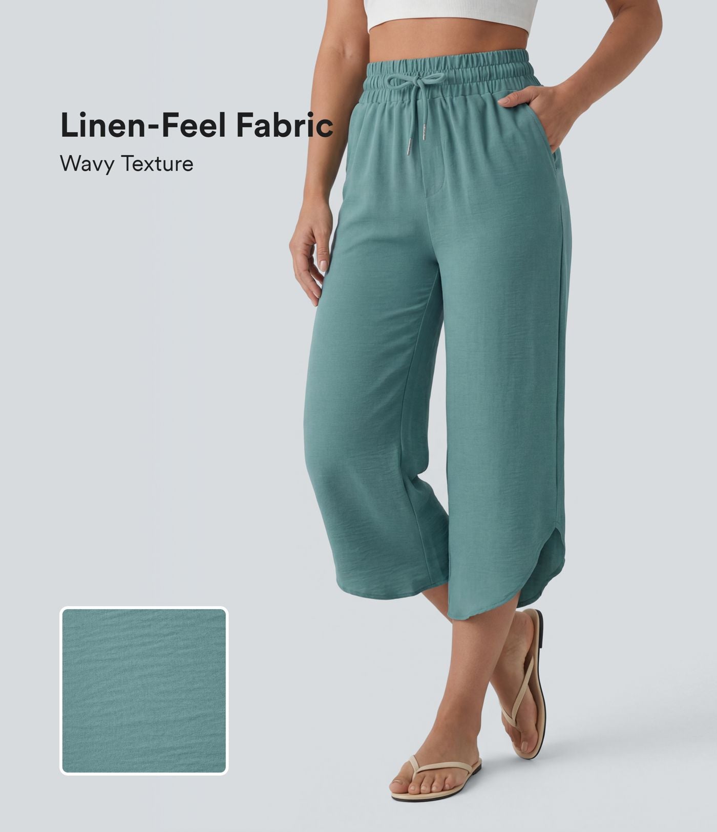 Pantalon casual 7/8 taille haute aspect lin à cordon de serrage et ourlet arrondi avec poches