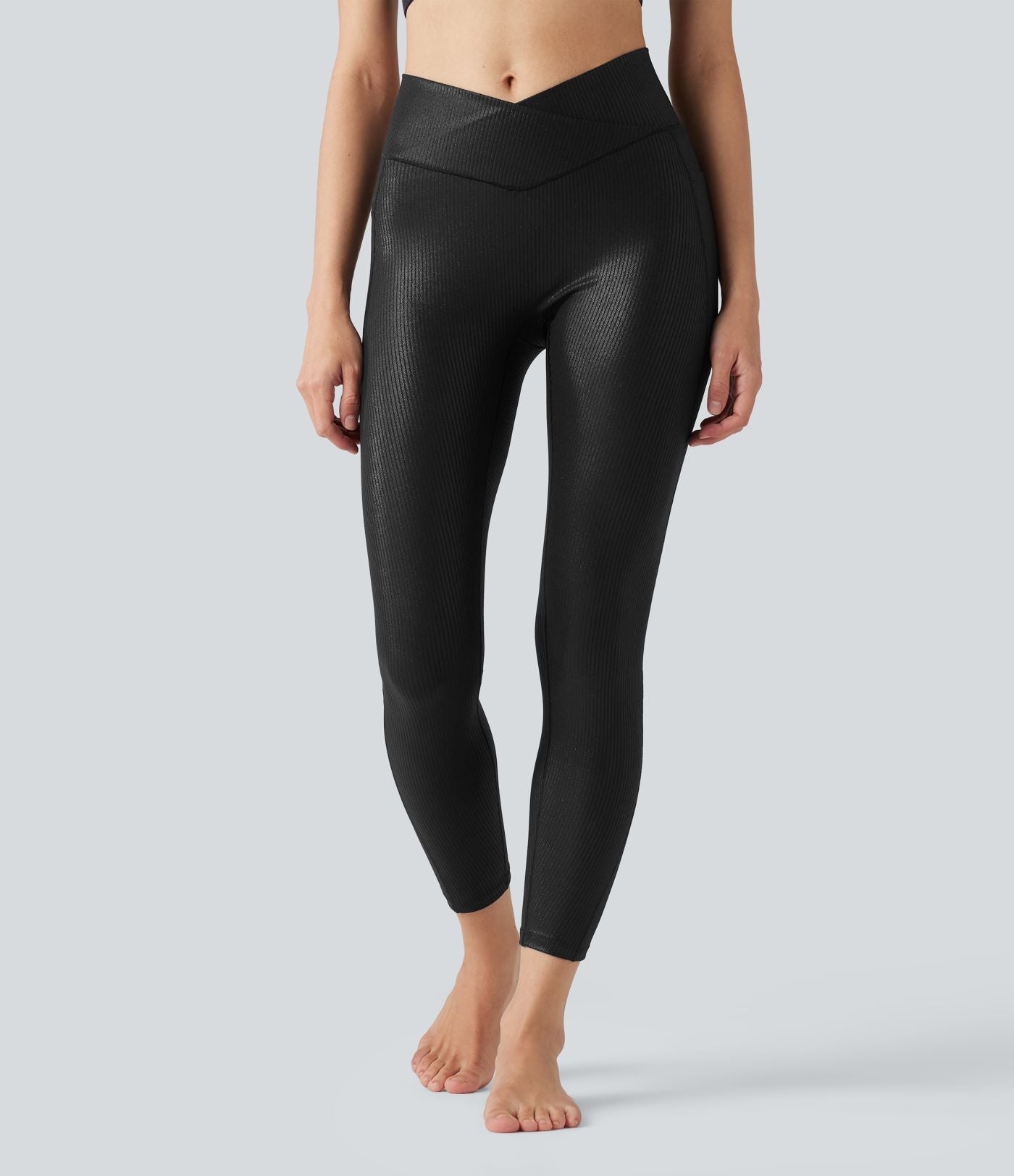Legging de yoga en maille côtelée taille haute croisée avec imprimé métallisé et poches