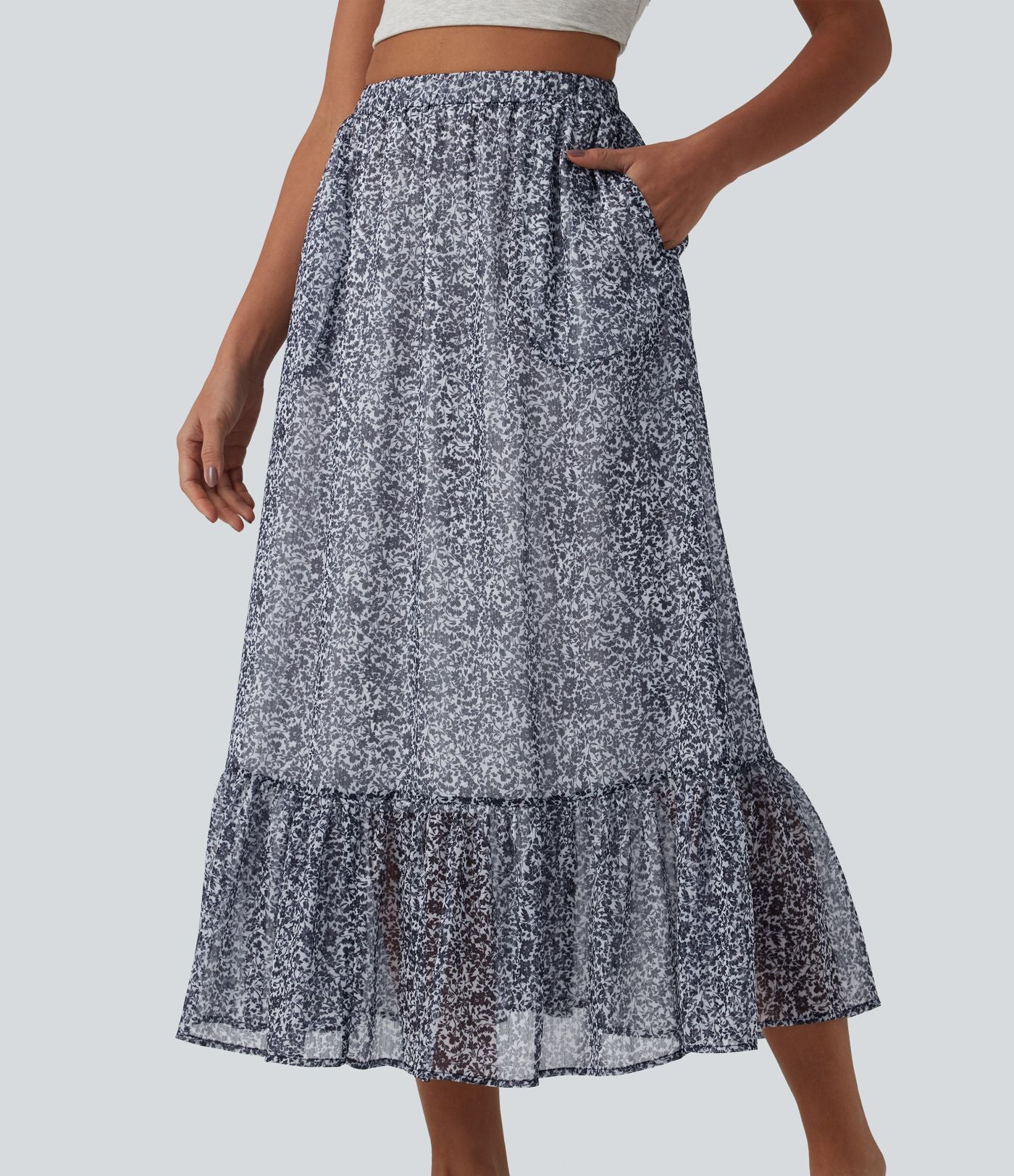 Jupe mi-longue fluide casual imprimé floral taille haute avec poches
