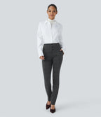 Halara Flex™ Pantalon tailleur Cintrés à Taille Haute avec Boutons Décoratifs Poches Latérales et Imprimé Pied-de-Poule