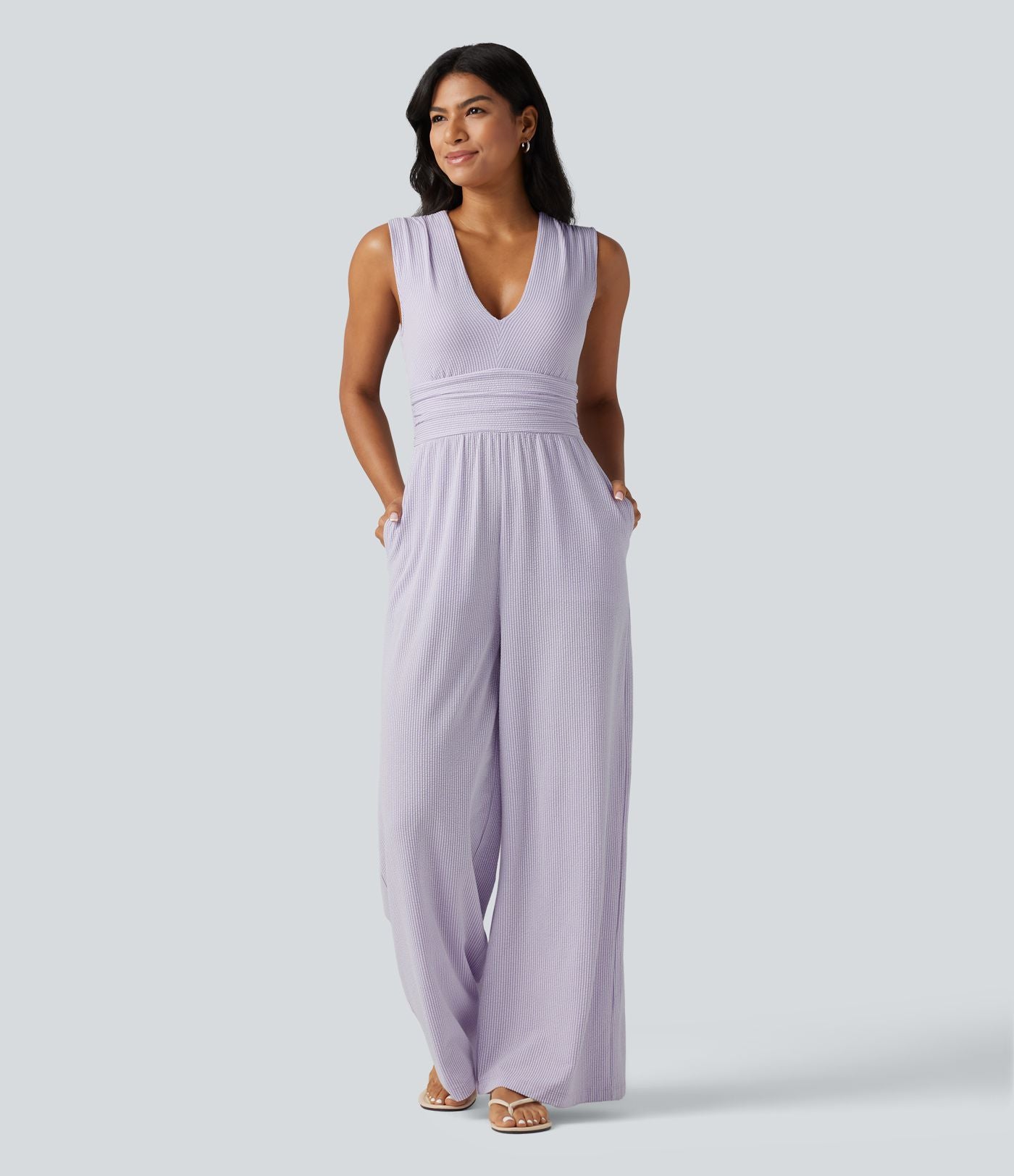 Combinaison sans manches col V à rayures avec brassière intégrée et poches – Édition Easy Peasy
