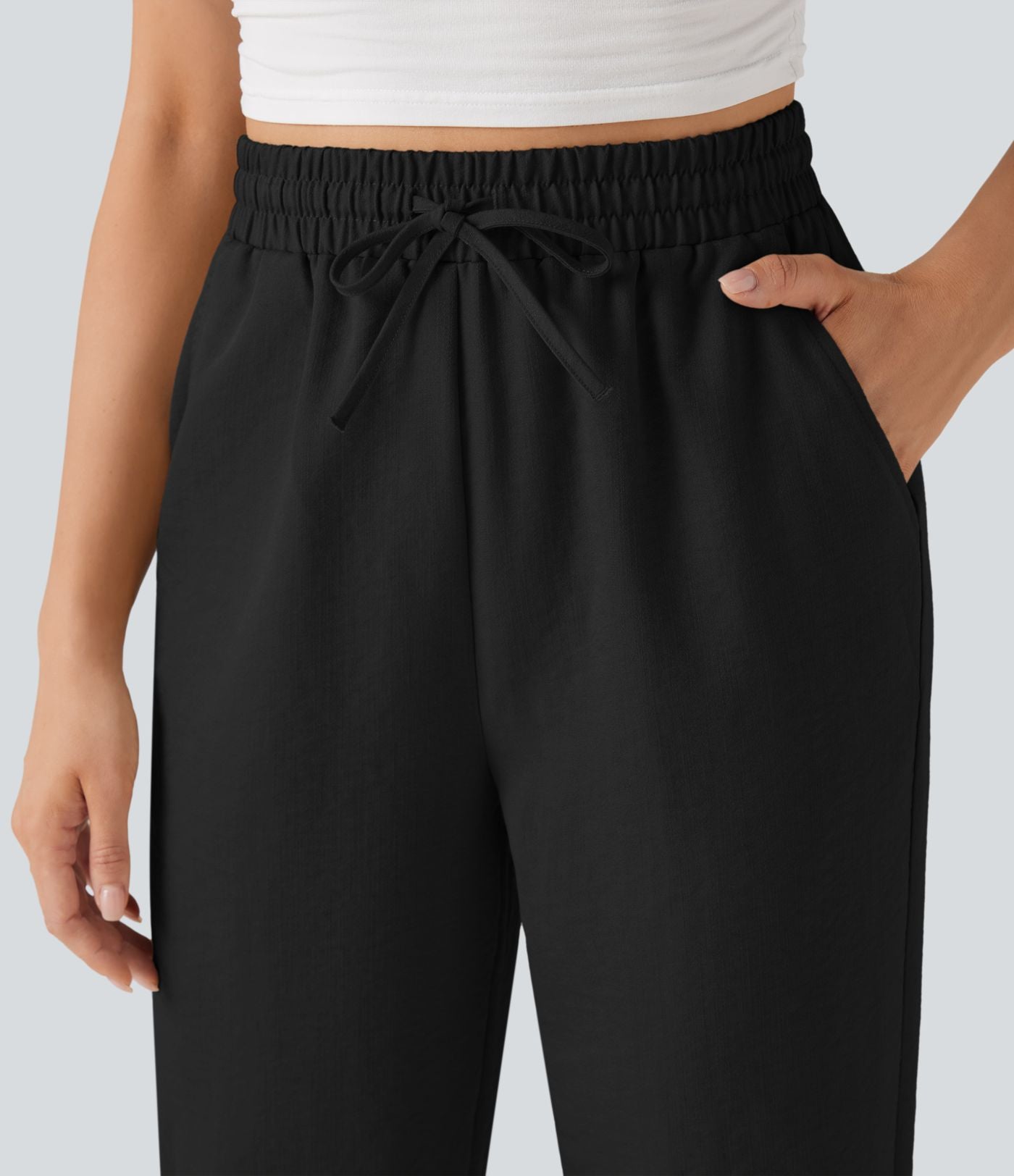 Pantalon décontracté fuselé effet lin taille haute infroissable avec cordon et poches