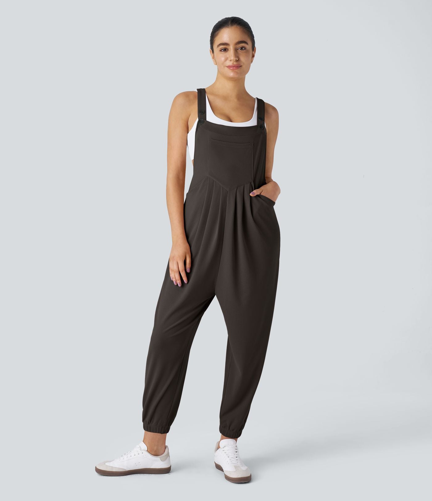 Salopette Casual Bretelles Ajustables Boutonnés Multiples Poches Plis et Tissu Gaufré