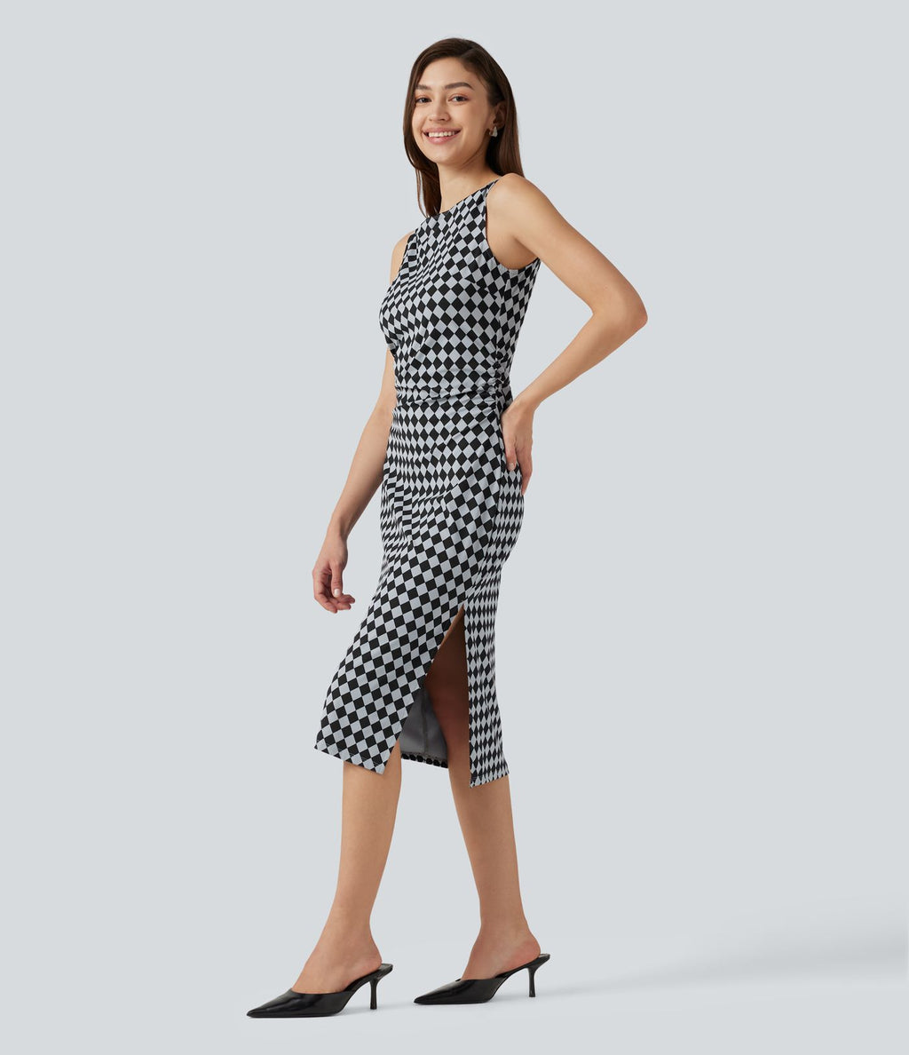 Robe midi moulante Halara UltraSculpt™ motif tartan, encolure bateau et sans manches