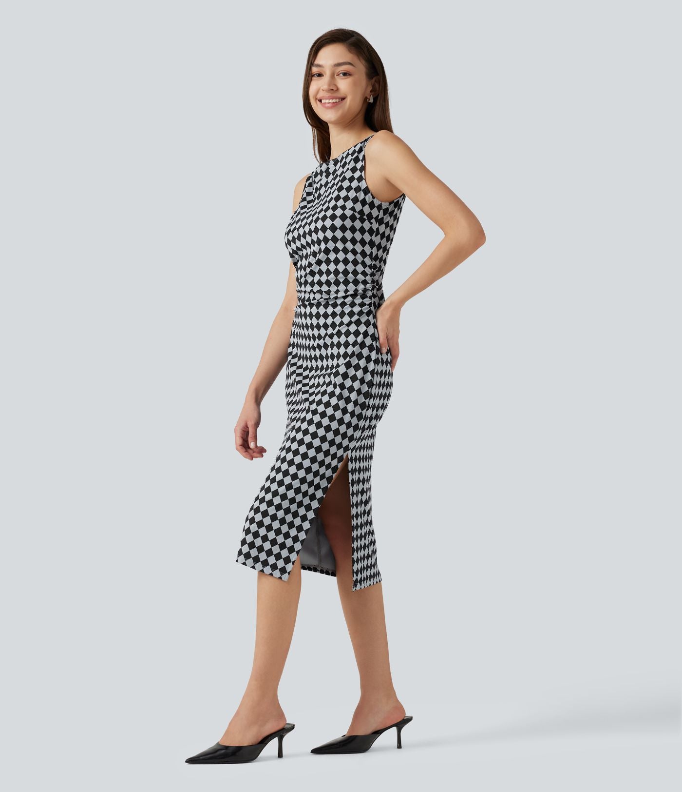 Robe midi moulante Halara UltraSculpt™ motif tartan, encolure bateau et sans manches