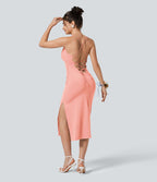 Robe moulante SoftlyZero™ Airy fendue à effet frais InstantCool, brassière intégrée, dos nu croisé à lacets, légèrement plissée pour invitée de mariage et demoiselle d'honneur